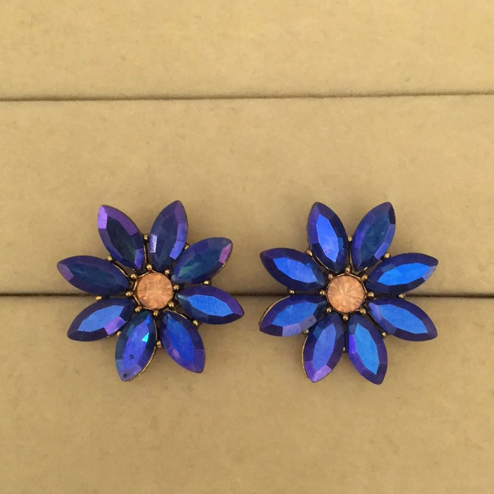 Violet Blue Aurora Borealis + Pink Opal Crystal Flower Statement Earrings